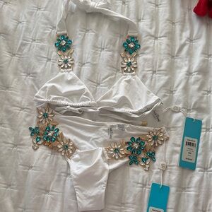 NWT Embellished White Bikini with Teal Gem Flowers SMALL
